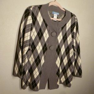Classic Elements grey black cream argyle big button 3/4 slv cardigan XL 18 1X